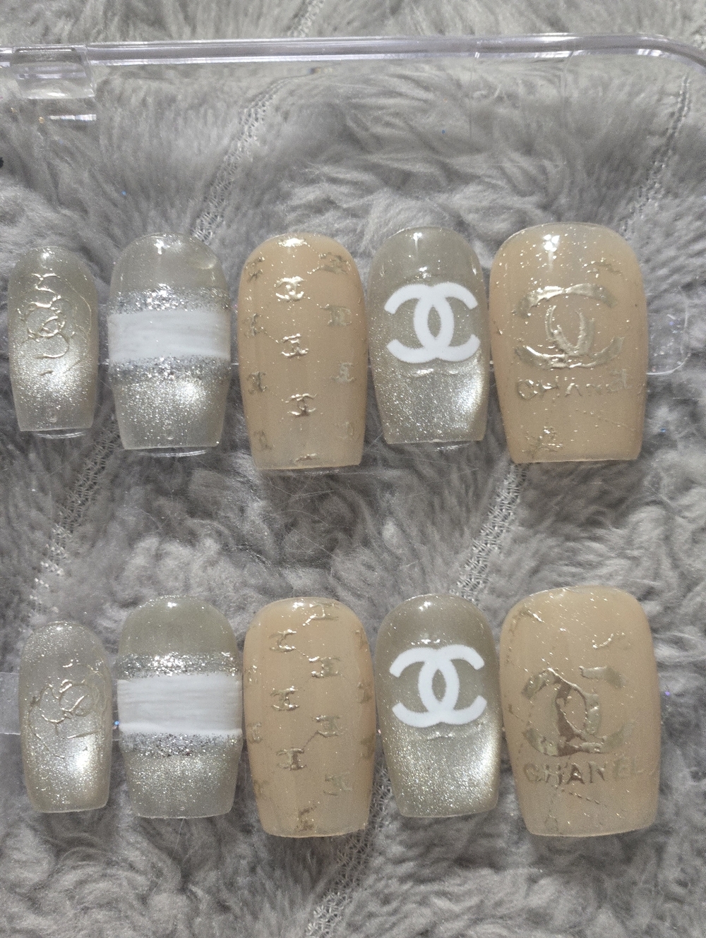Designer Inspired Nude Beige and Silver Logo Press-On Nail Set